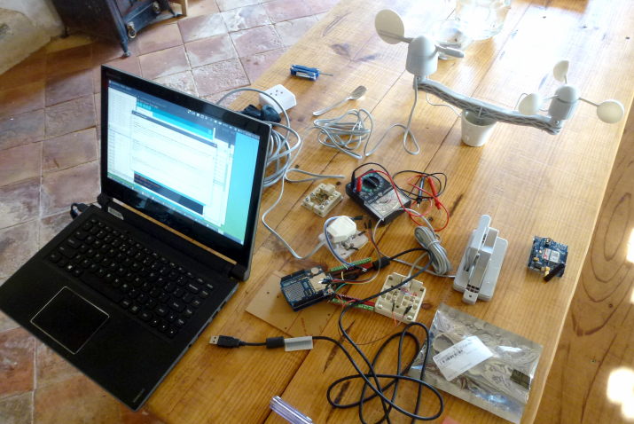 The weather station parts before assembly, still in the testing phase